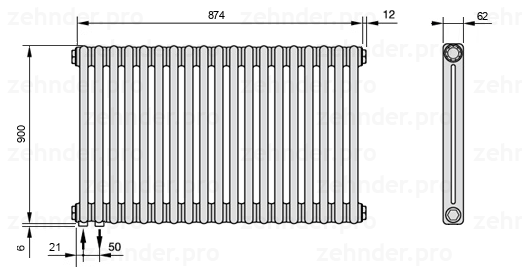 Схема (чертеж) Радиатор Zehnder Charleston 2090/19 №3370 Белый глянцевый RAL 9016